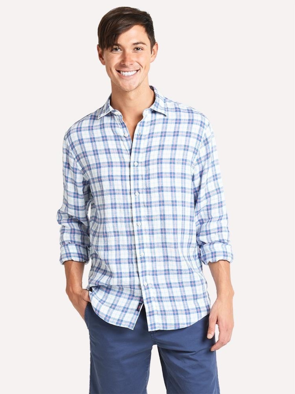 FAHERTY Linen AMK Men's Casual Blue Plaid Button-Up Shirt (M3)